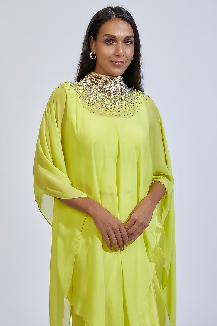 Lime Green Flat Chiffon Embroidered Cape Set by Anand Kabra at Pernia's Pop Up Shop