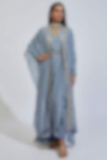 Bluish Grey Flat Chiffon Embroidered Jacket Dress by Anand Kabra