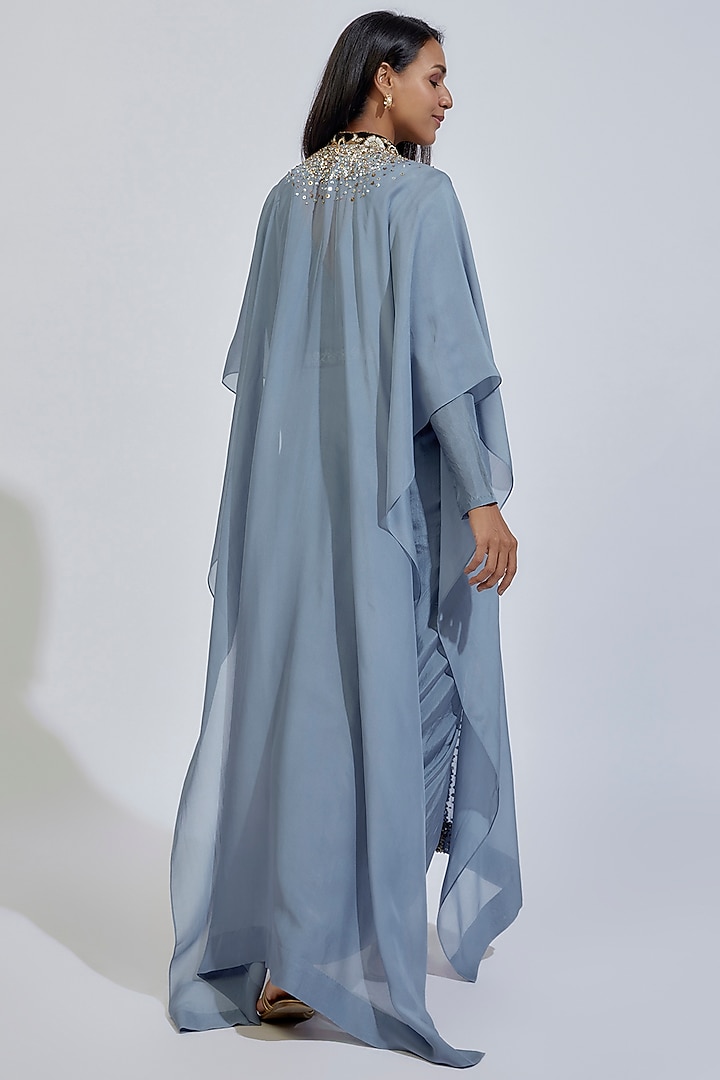 Bluish-Grey Habutai Silk Maxi Party Wear Dress With Jacket by Anand Kabra at Pernia's Pop Up Shop