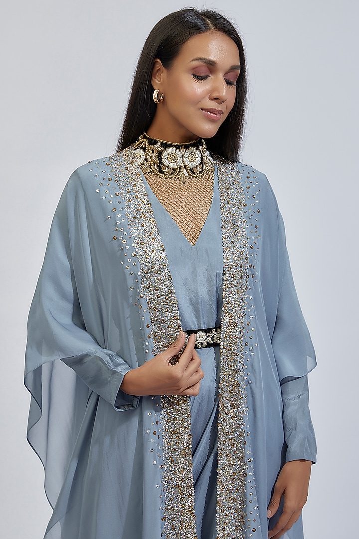 Bluish-Grey Habutai Silk Maxi Party Wear Dress With Jacket by Anand Kabra at Pernia's Pop Up Shop