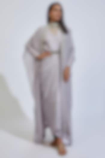 Grey Flat Chiffon Embroidered Jacket Dress by Anand Kabra