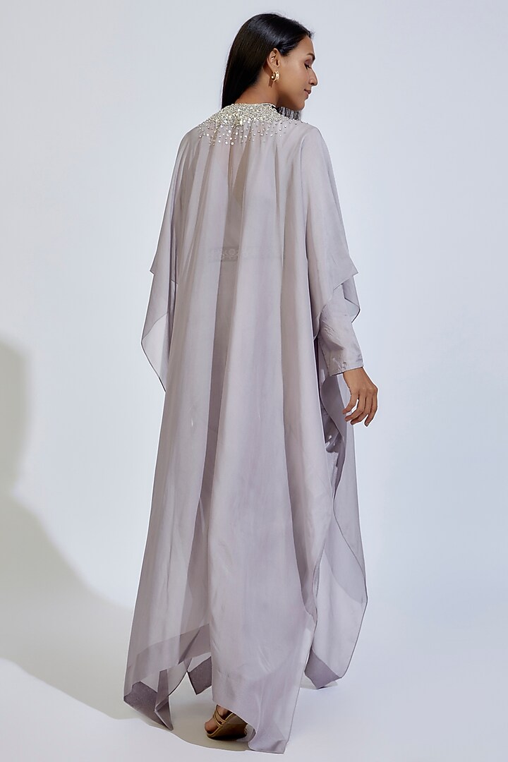 Grey Habutai Silk Maxi Party Wear Dress With Jacket by Anand Kabra at Pernia's Pop Up Shop
