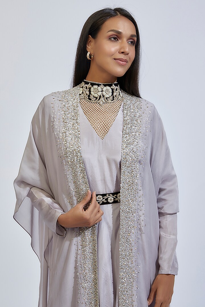Grey Habutai Silk Maxi Party Wear Dress With Jacket by Anand Kabra at Pernia's Pop Up Shop