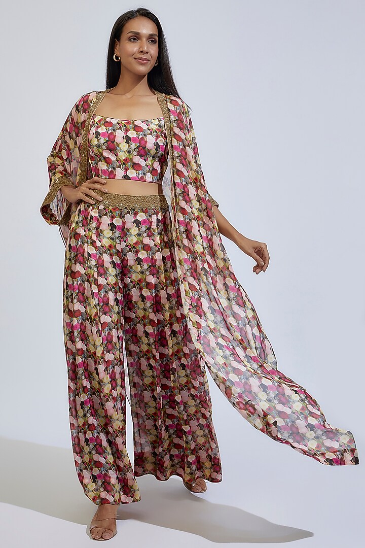 Multi-Colored Chiffon Printed Cape Set by Anand Kabra at Pernia's Pop Up Shop