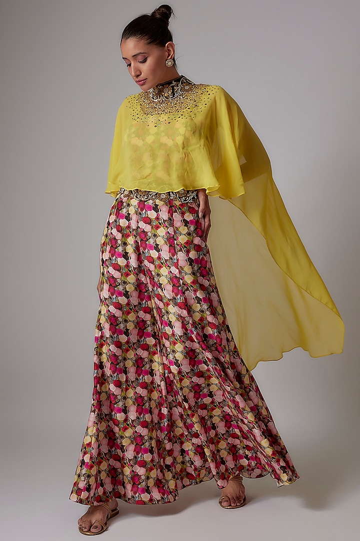 Lime Green Georgette Embroidered Cape Set by Anand Kabra at Pernia's Pop Up Shop