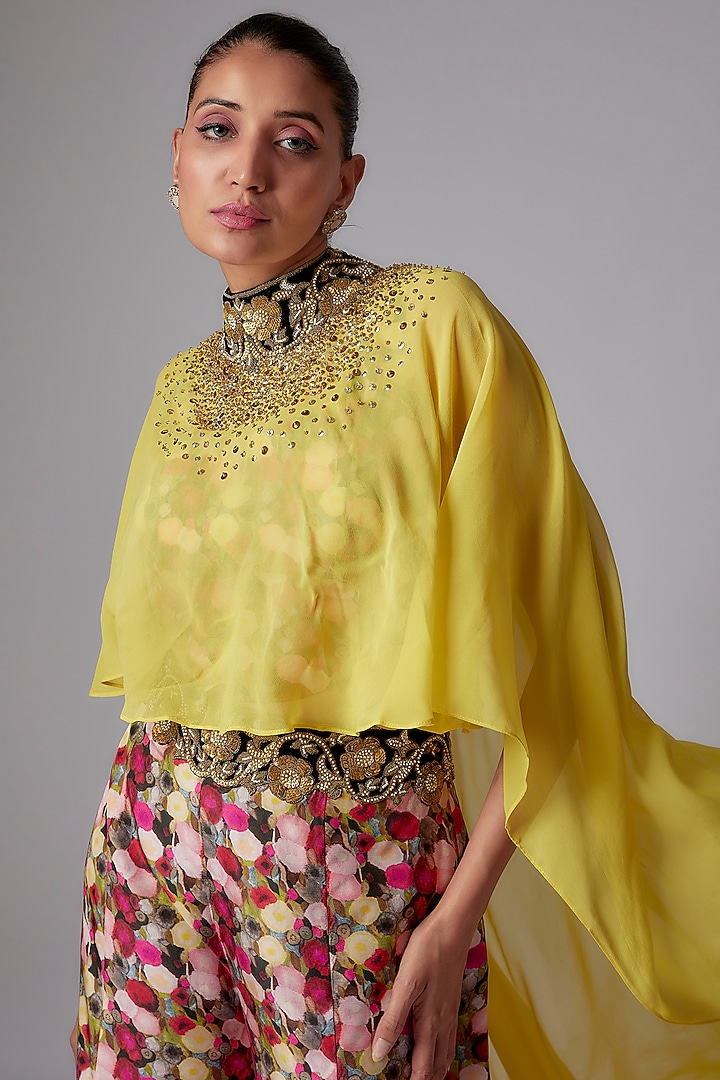 Lime Green Georgette Embroidered Cape Set by Anand Kabra at Pernia's Pop Up Shop