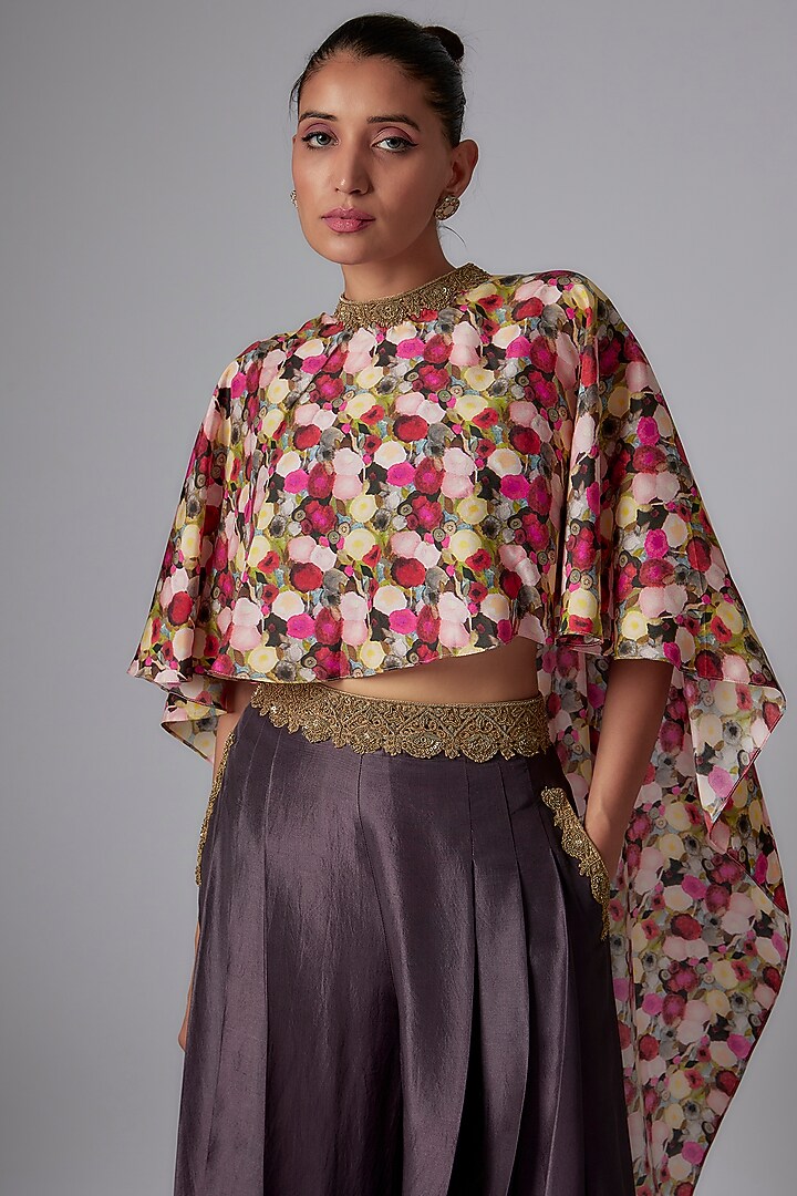 Multi-Colored Habutai Silk Printed Cape Set by Anand Kabra at Pernia's Pop Up Shop
