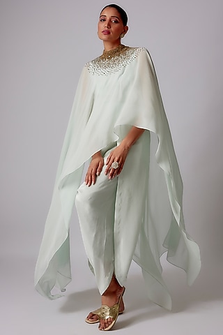 Light Blue Georgette Embroidered Cape Set by Anand Kabra