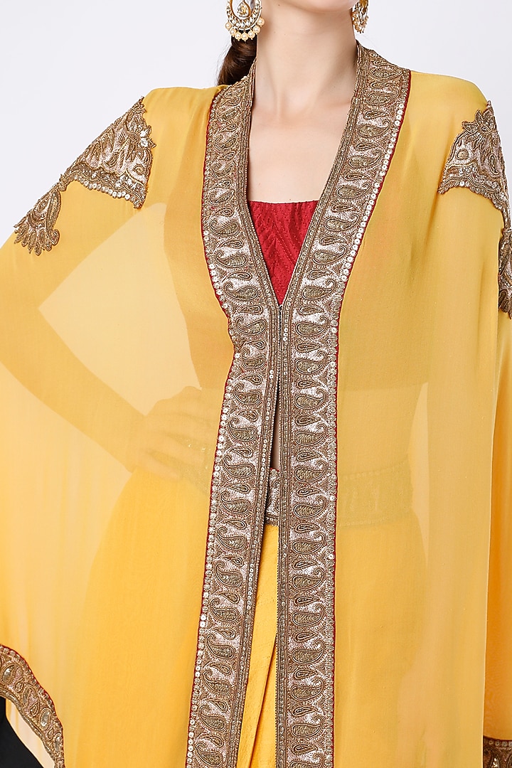 Mustard Yellow Embroidered Cape Set by Anand Kabra at Pernia's Pop Up Shop