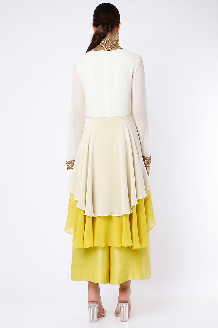 Ivory & Lemon Yellow Ruffled Kurta Set by Anand Kabra at Pernia's Pop Up Shop