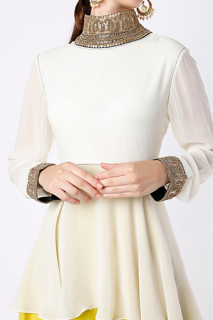 Ivory & Lemon Yellow Ruffled Kurta Set by Anand Kabra at Pernia's Pop Up Shop