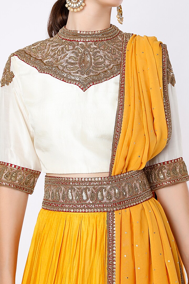 Mustard Zardosi Embroidered Wedding Lehenga Set by Anand Kabra at Pernia's Pop Up Shop