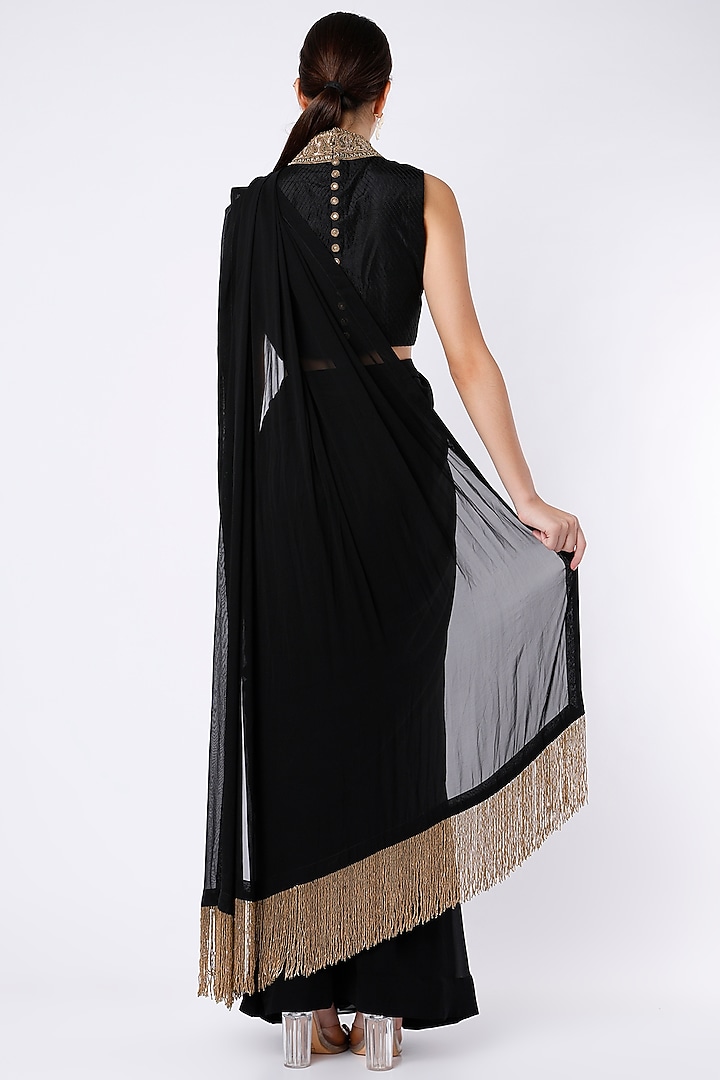 Black Georgette Draped Wedding Saree Set by Anand Kabra at Pernia's Pop Up Shop