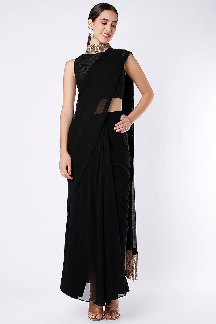 Black Georgette Draped Wedding Saree Set by Anand Kabra at Pernia's Pop Up Shop