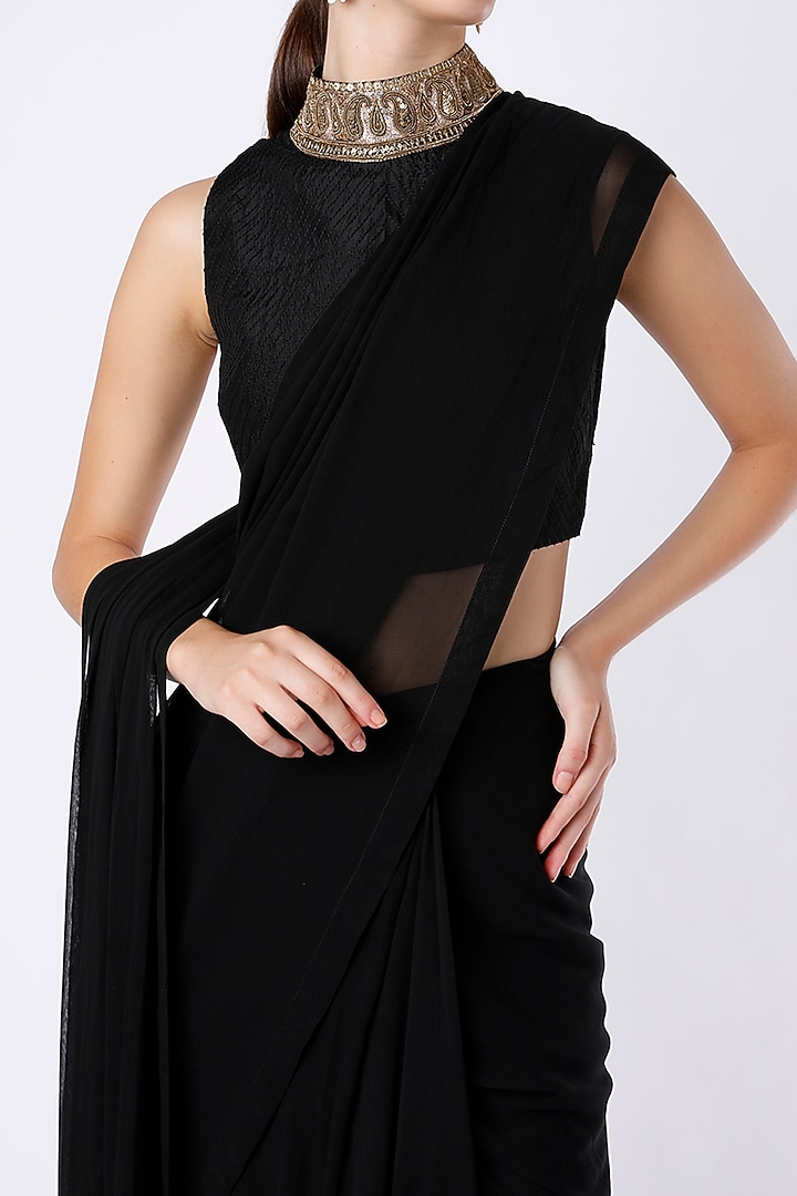 Black Georgette Draped Wedding Saree Set by Anand Kabra at Pernia's Pop Up Shop