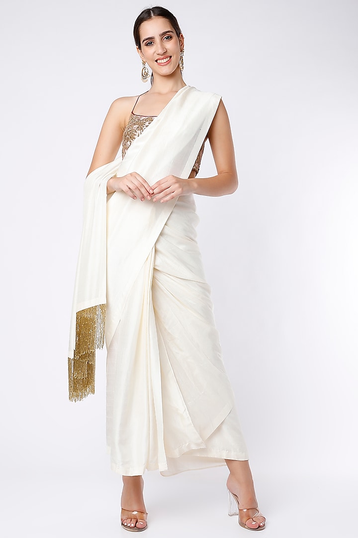 White Dupion Silk Draped Saree Set by Anand Kabra