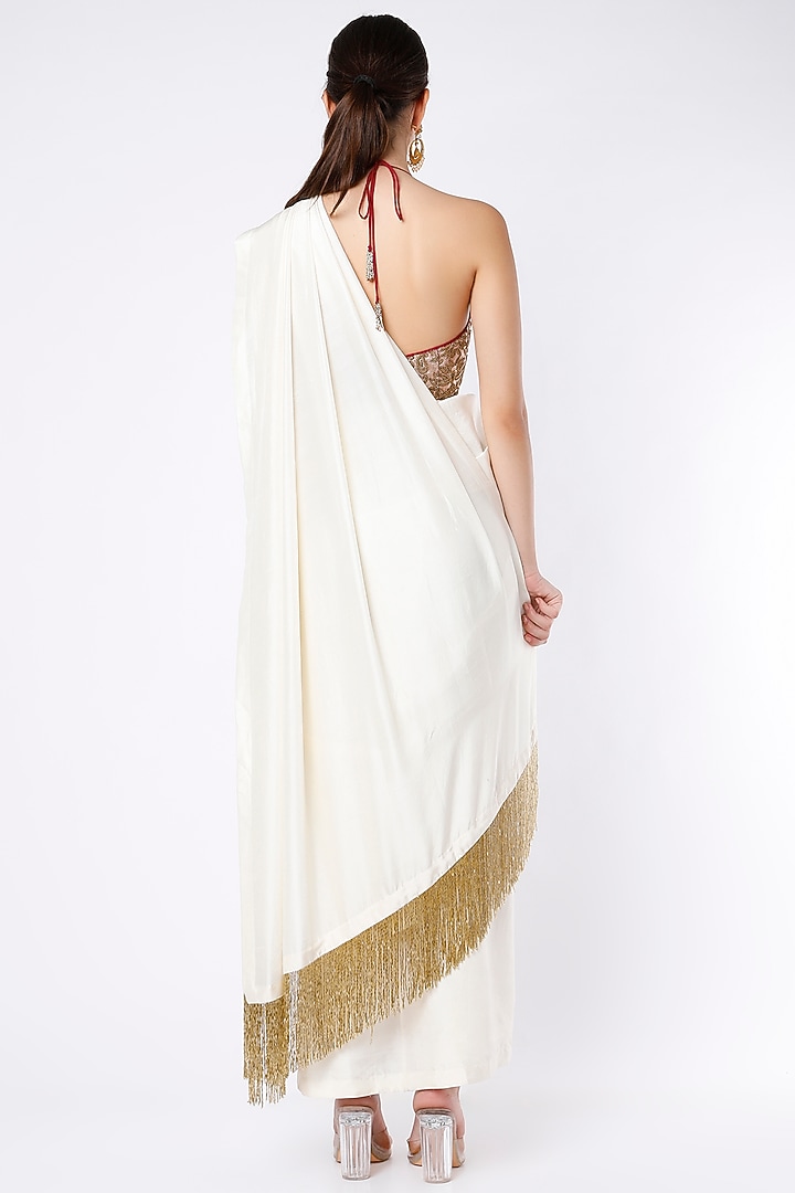 White Dupion Silk Draped Wedding Saree Set by Anand Kabra at Pernia's Pop Up Shop