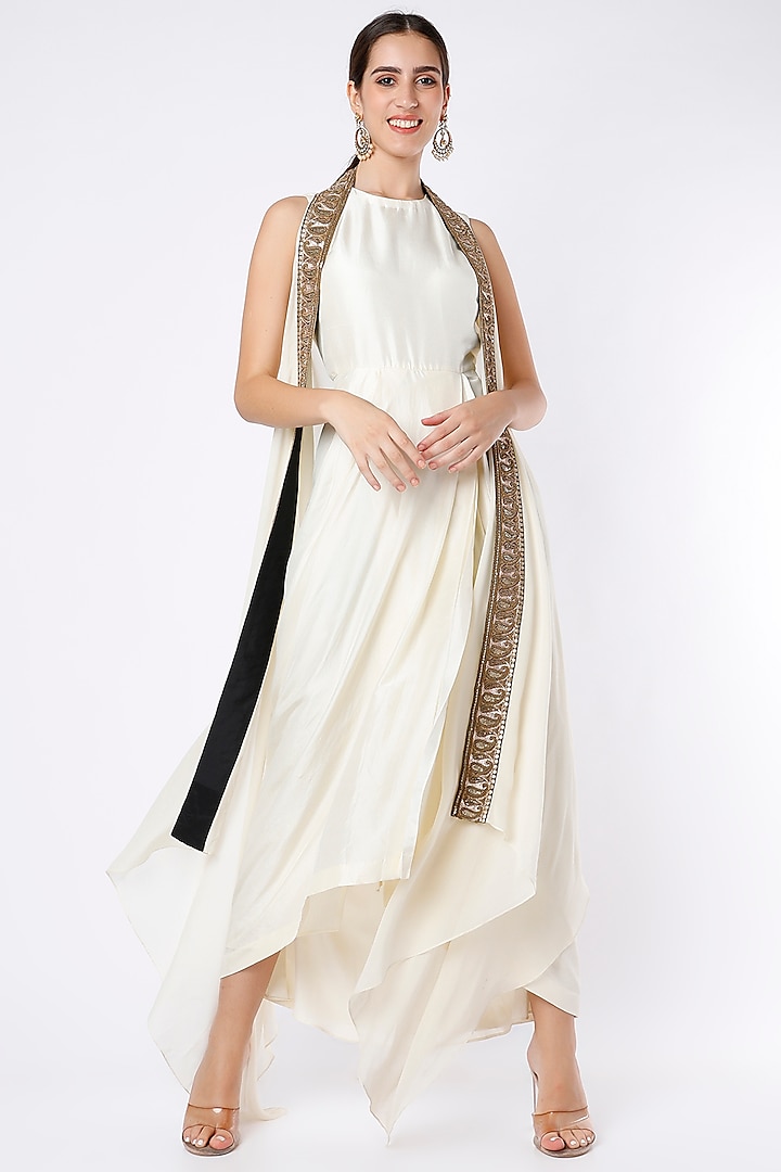 Ivory Dress With Embroidered Drape by Anand Kabra