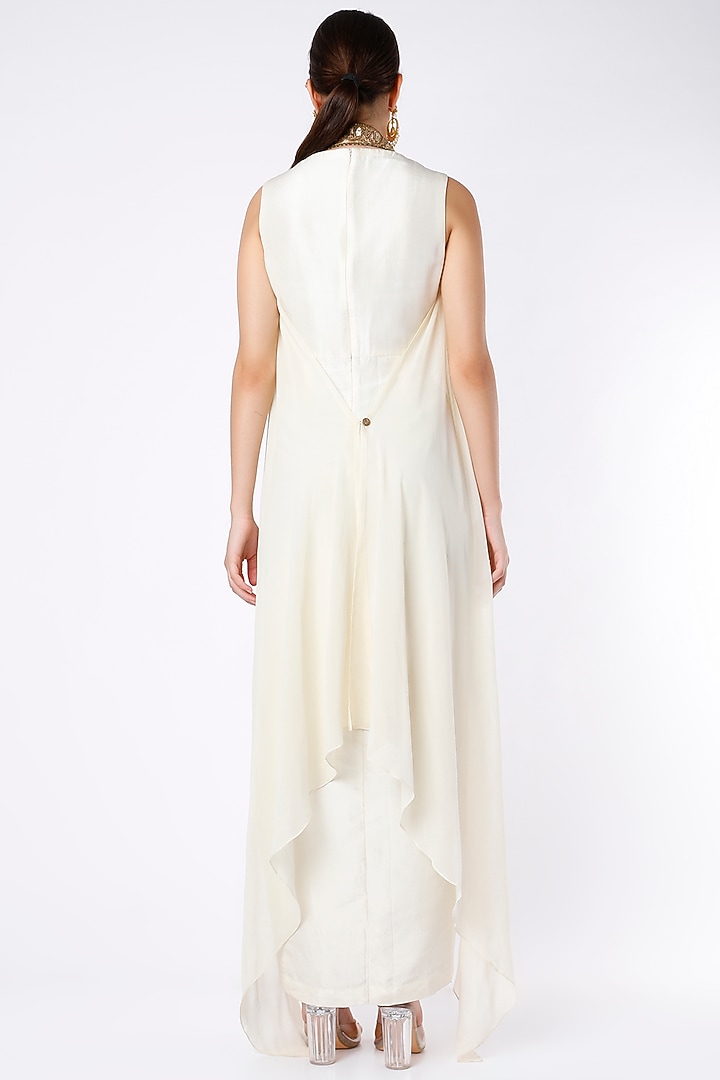 Ivory Dupion Silk Maxi Cocktail Dress With Embroidered Draped by Anand Kabra at Pernia's Pop Up Shop