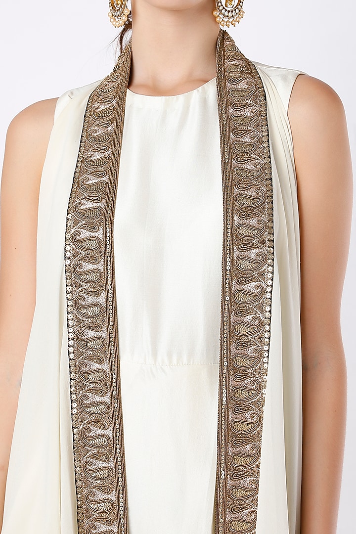 Ivory Dupion Silk Maxi Cocktail Dress With Embroidered Draped by Anand Kabra at Pernia's Pop Up Shop