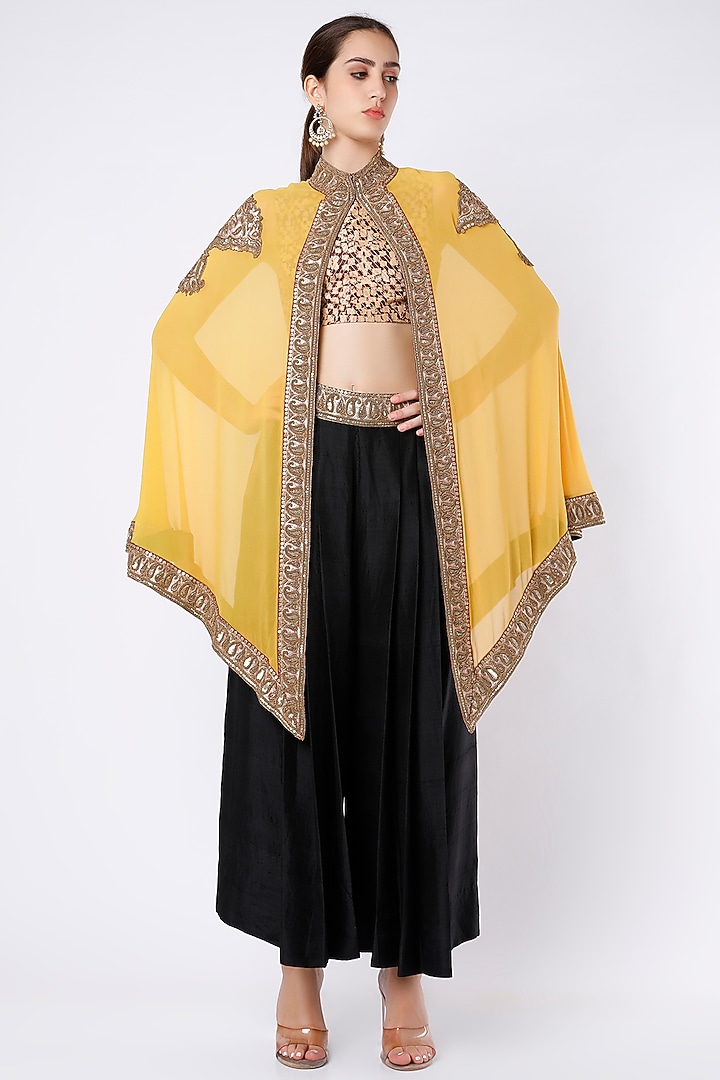 Mustard & Black Embroidered Cape Set by Anand Kabra at Pernia's Pop Up Shop