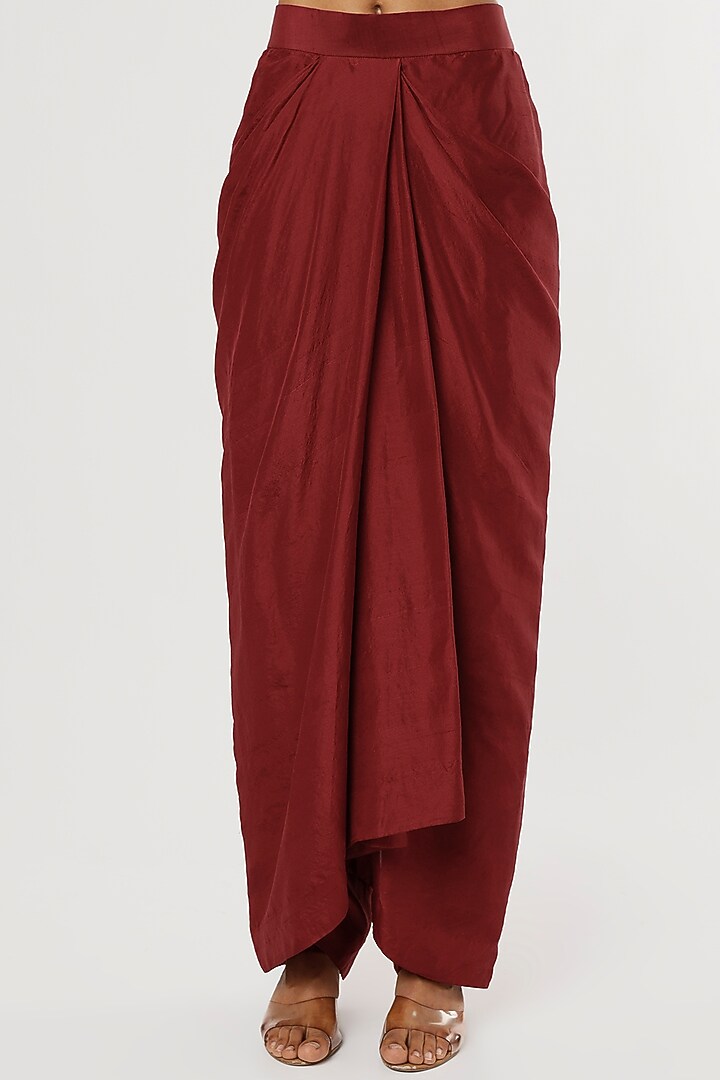 Wine Dupion Silk Draped Skirt Set by Anand Kabra at Pernia's Pop Up Shop