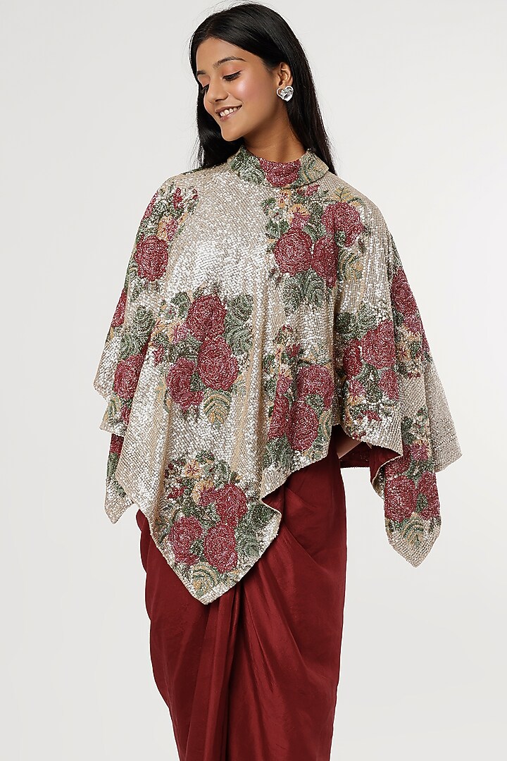 Wine Dupion Silk Draped Skirt Set by Anand Kabra at Pernia's Pop Up Shop
