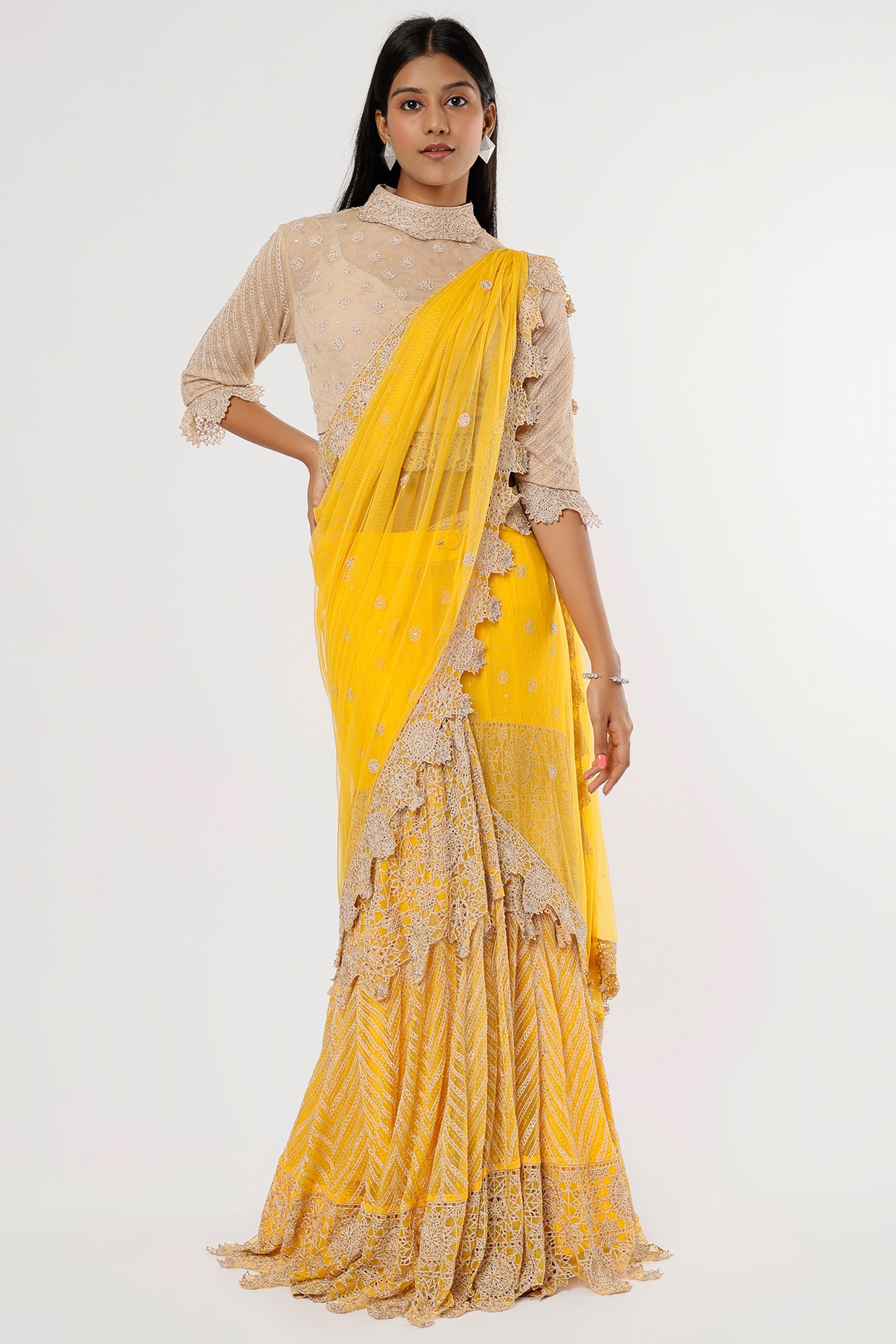 Buy Yellow Raw Silk Embroidered Floral Work Pre-draped Lehenga Saree Set  For Women by Rishi and Soujit Online at Aza Fashions.