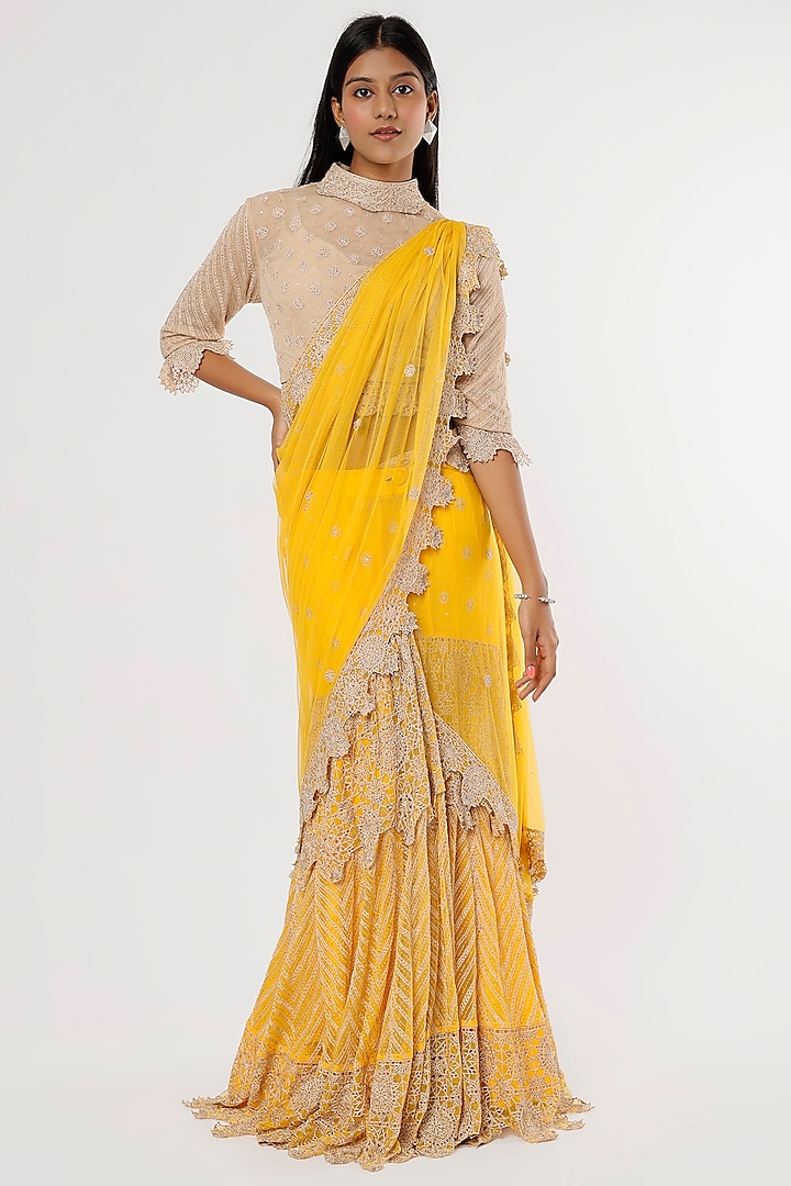 Yellow Embroidered Lehenga Saree Set by Anand Kabra