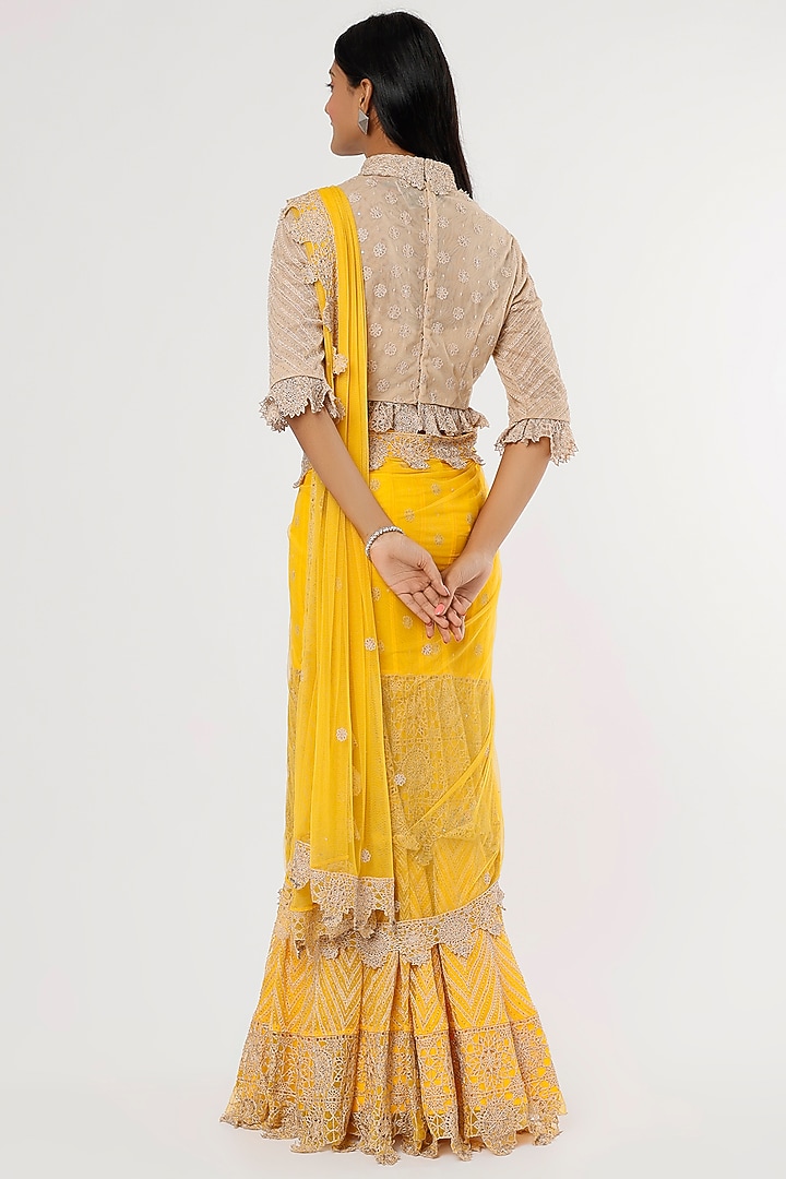 Yellow Embroidered Reception Lehenga Saree Set by Anand Kabra at Pernia's Pop Up Shop