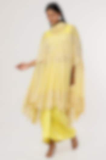 Yellow Satin Draped Skirt Set by Anand Kabra