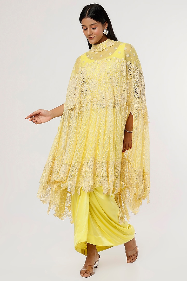 Yellow Satin Draped Skirt Set by Anand Kabra