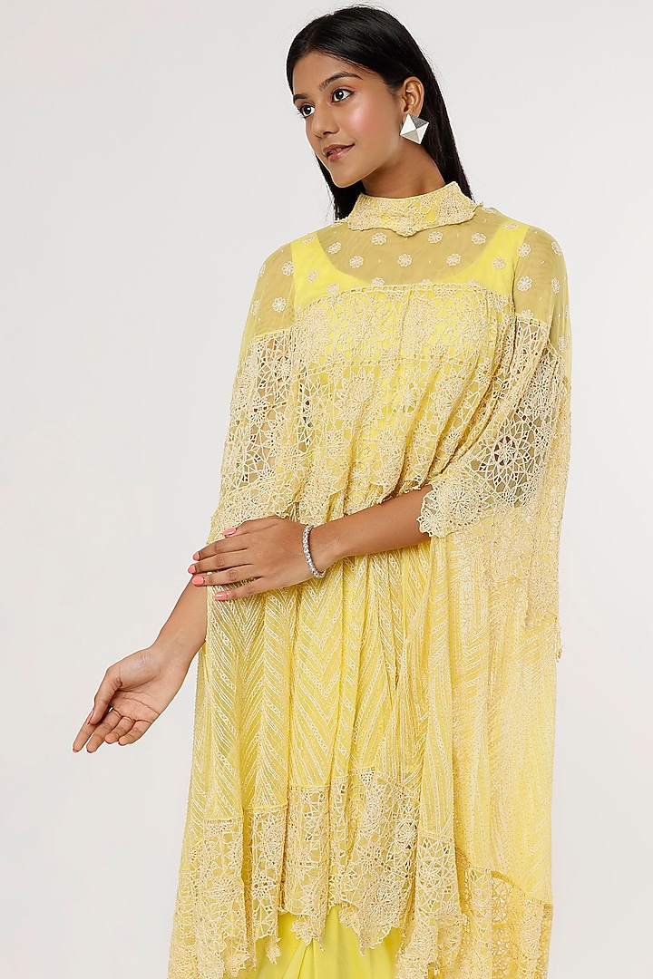 Yellow Satin Draped Skirt Set by Anand Kabra at Pernia's Pop Up Shop