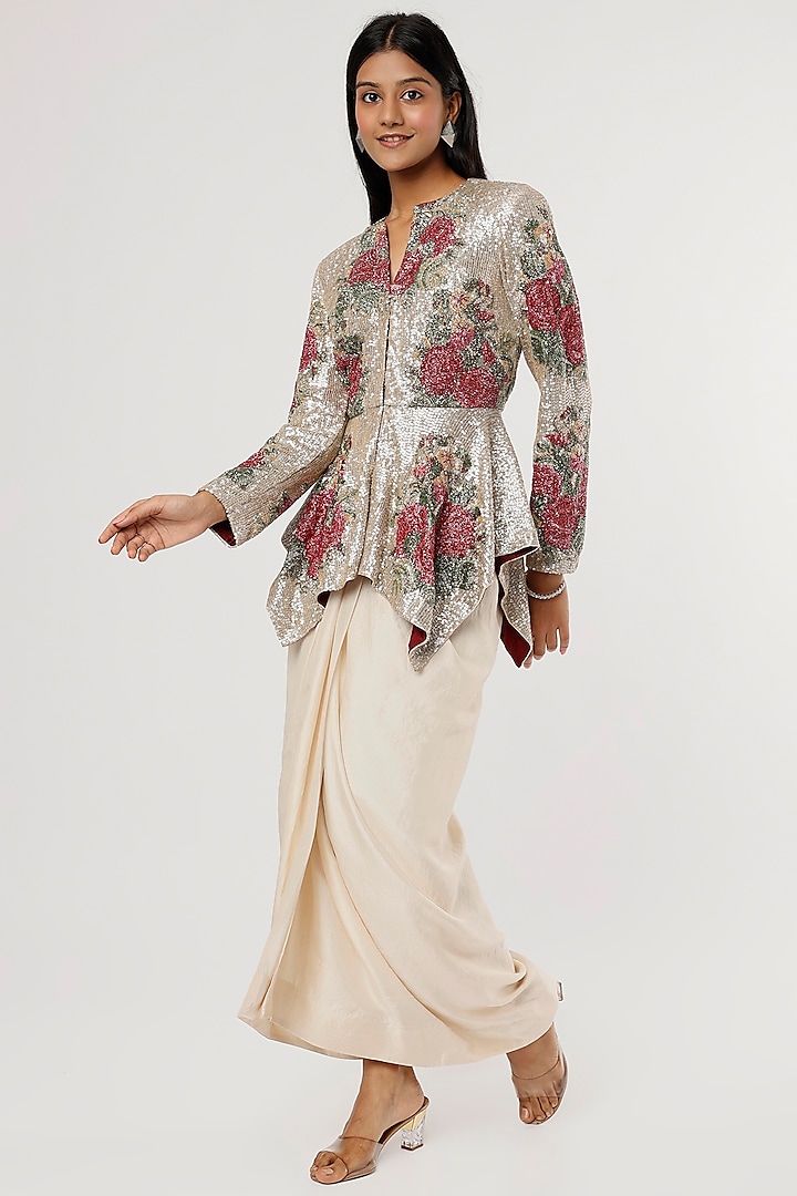 Ivory Dupion Silk Draped Skirt Set by Anand Kabra