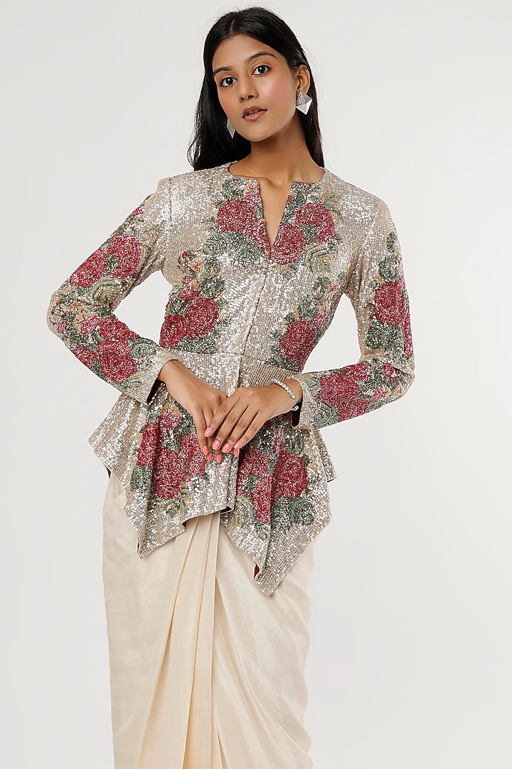 Ivory Dupion Silk Draped Skirt Set by Anand Kabra at Pernia's Pop Up Shop