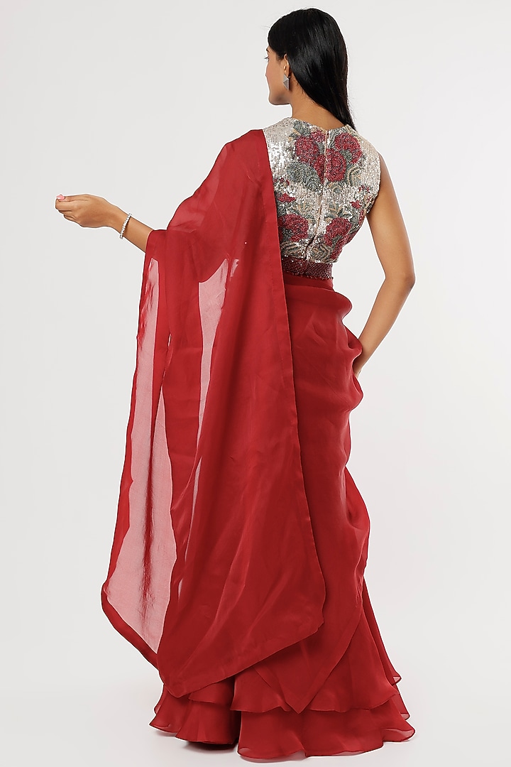 Wine Organza Ruffled Reception Saree Set by Anand Kabra at Pernia's Pop Up Shop