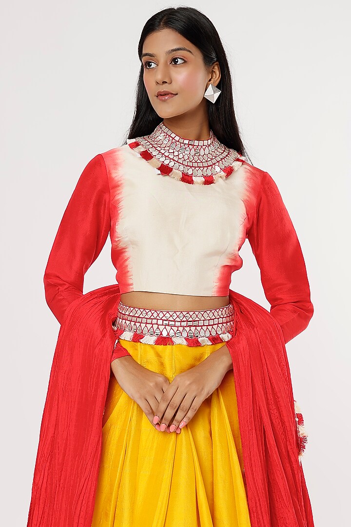 Multi-Colored Dupion Mirror Embroidered Wedding Lehenga Set by Anand Kabra at Pernia's Pop Up Shop
