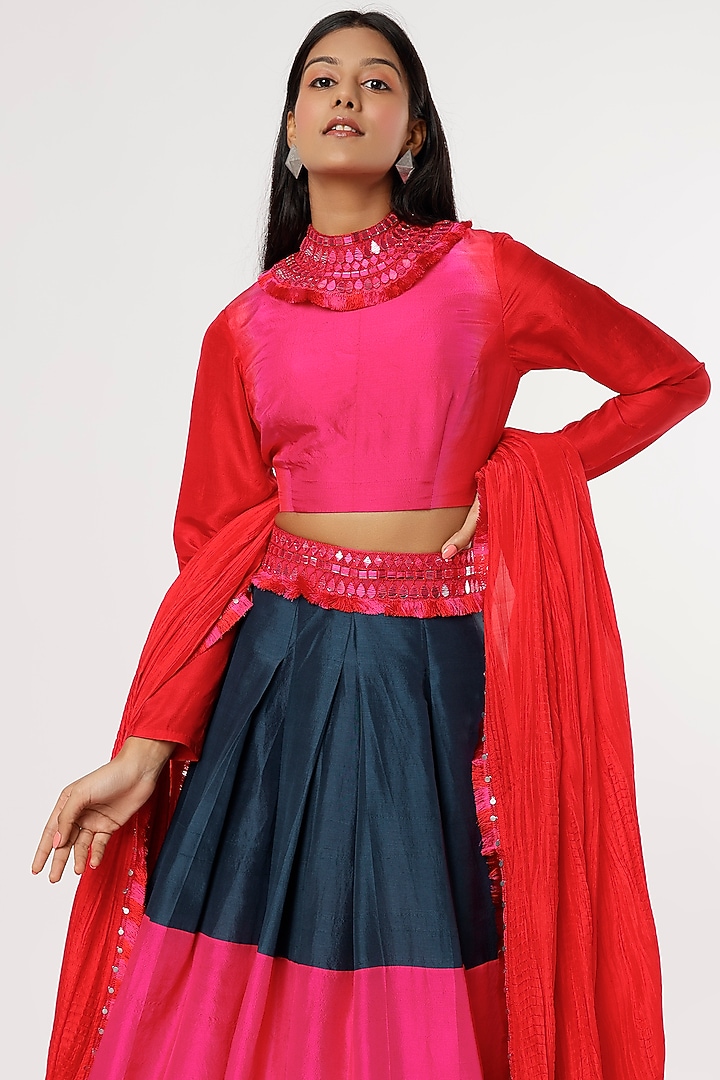 Multi-Colored Dupion Mirror Embroidered Wedding Lehenga Set by Anand Kabra at Pernia's Pop Up Shop