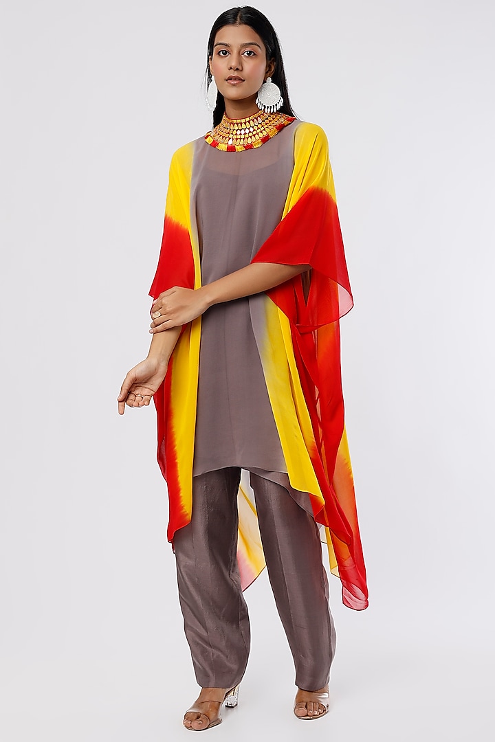 Multi-Colored Dupion Silk Cape Set by Anand Kabra