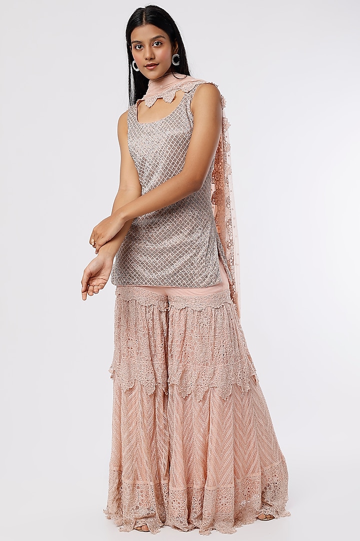 Peach Tulle Sharara Set by Anand Kabra