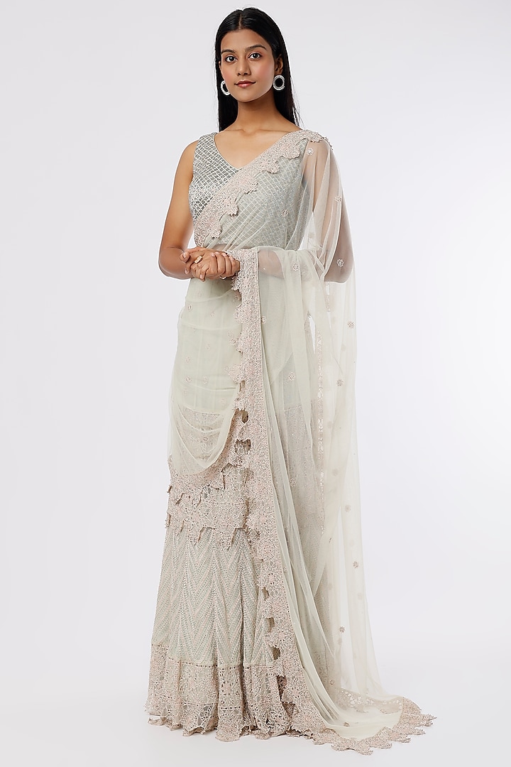 Stone Grey Tulle Beads Embroidered Lehenga Saree Set by Anand Kabra