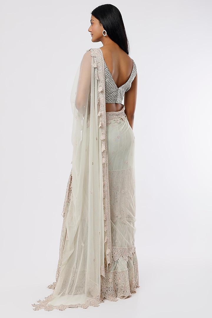 Stone Grey Tulle Beads Embroidered Bridal Lehenga Saree Set by Anand Kabra at Pernia's Pop Up Shop