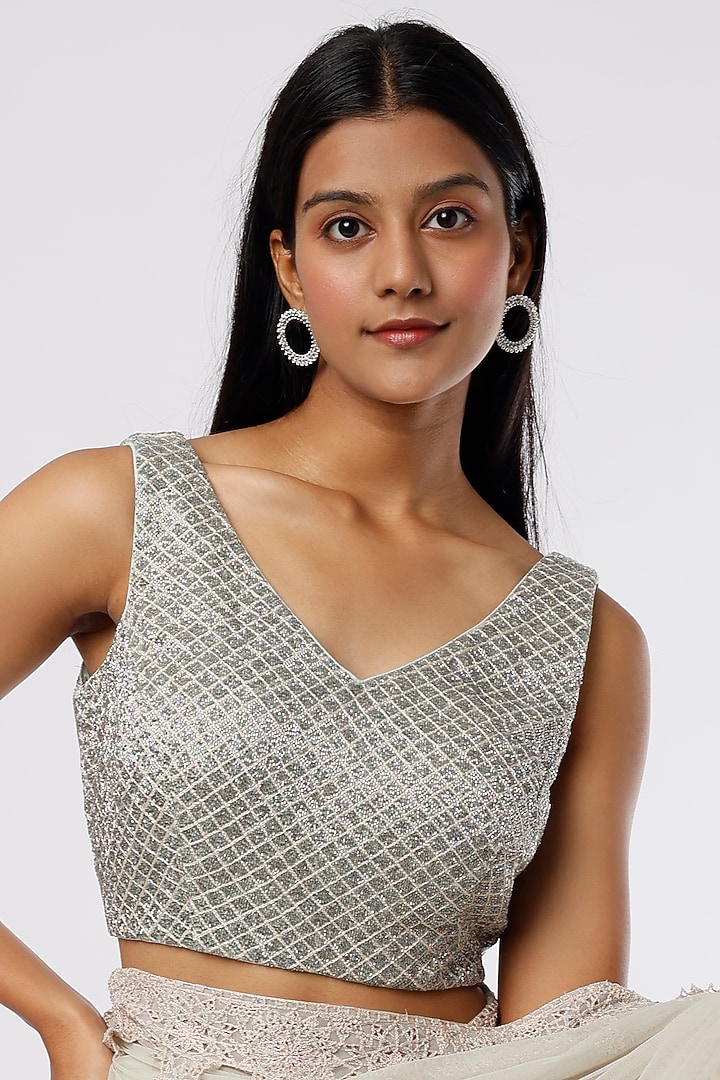 Stone Grey Tulle Beads Embroidered Bridal Lehenga Saree Set by Anand Kabra at Pernia's Pop Up Shop