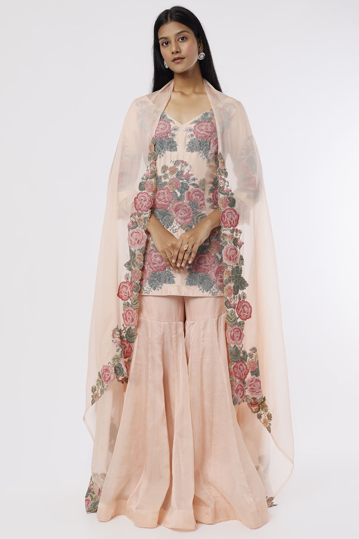 Peach Organza Bridal Sharara Set by Anand Kabra at Pernia's Pop Up Shop