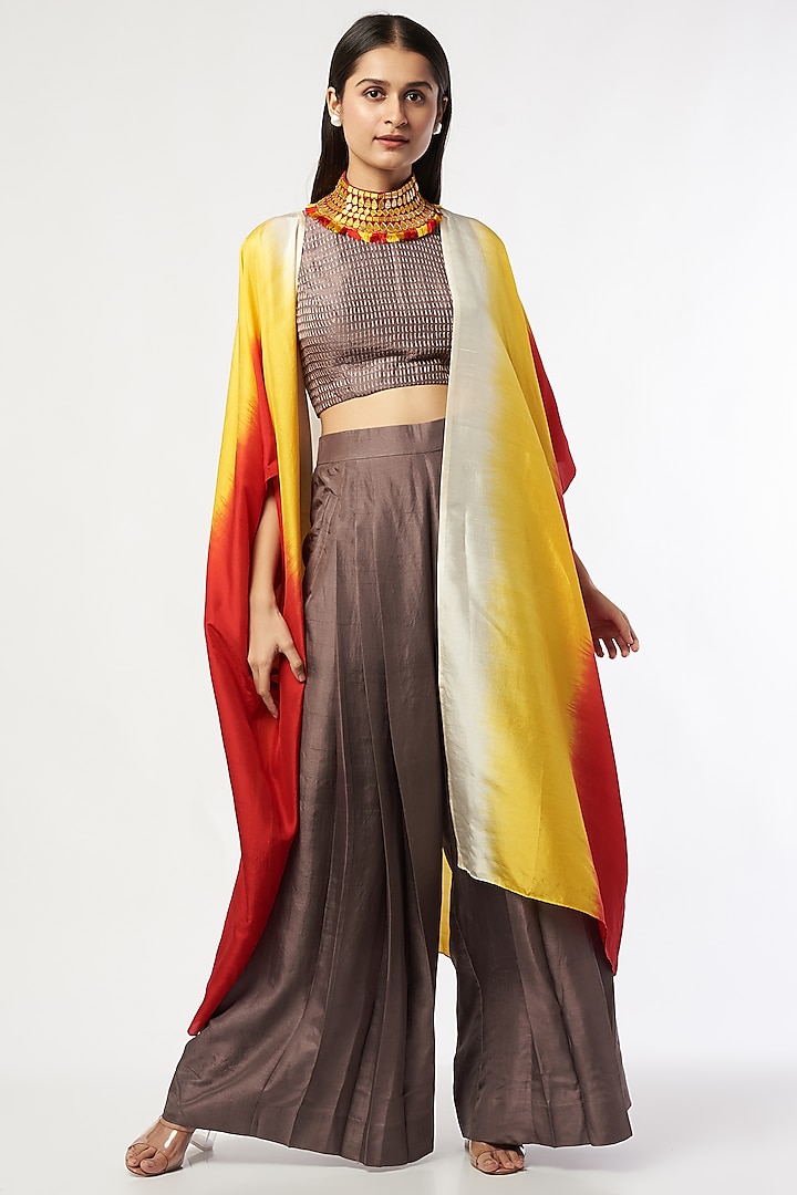 Grey Dupion Silk Pleated Pant Set by Anand Kabra