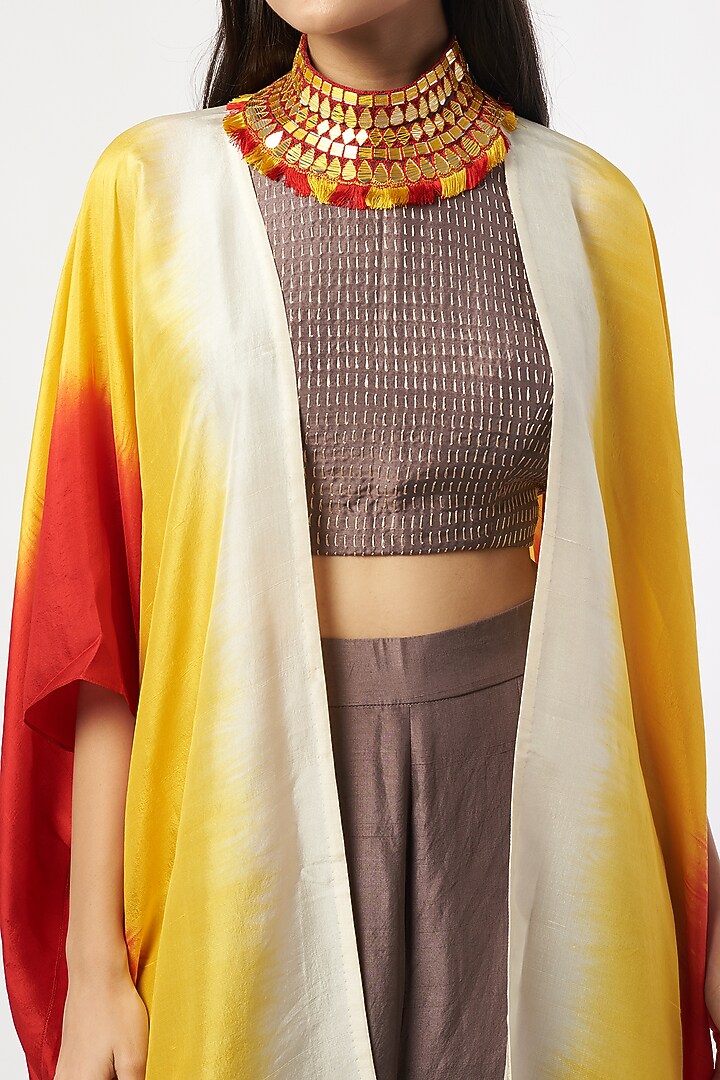 Multi-Colored Dupion Silk Mirror Embroidered Cape Set by Anand Kabra at Pernia's Pop Up Shop