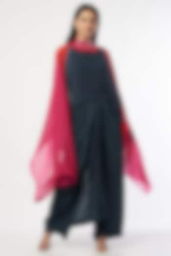 Indigo Dupion Silk Draped Pant Set With Collar by Anand Kabra