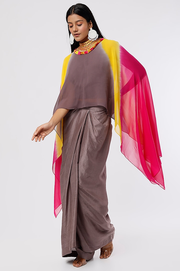 Grey Dupion Silk Draped Pant Set With Collar by Anand Kabra