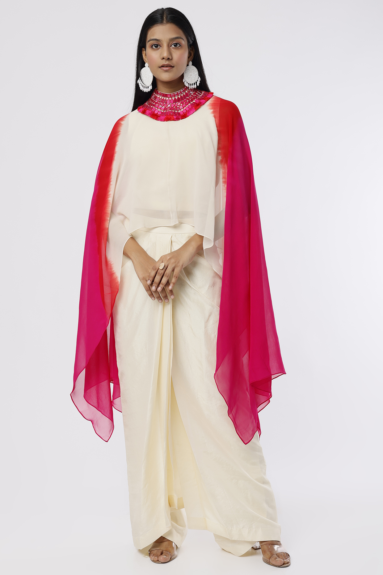 Ivory Dupion Silk Draped Pant Set With Collar by Anand Kabra at Pernia's Pop Up Shop