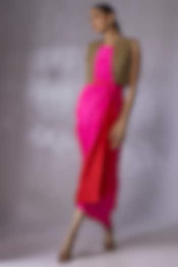 Hot Pink & Red Dupion Silk Jacket Dress by Anand Kabra